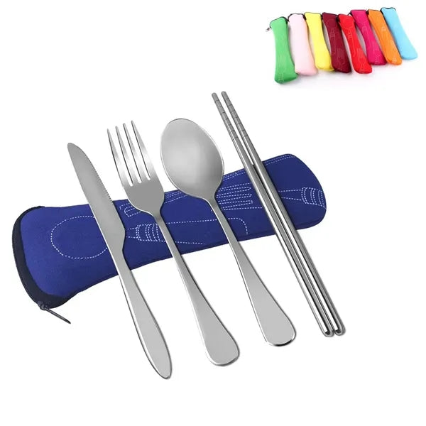 Stainless Steel Travel Utensil Set in Zipper Neoprene Pouch