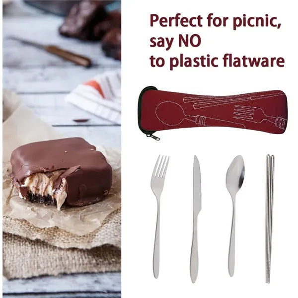 Stainless Steel Travel Utensil Set in Zipper Neoprene Pouch