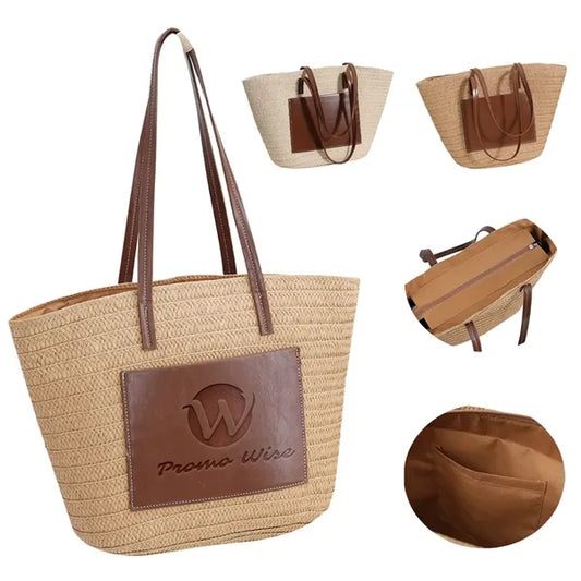 Spacious Debossed Natural Handwoven Straw Shoulder Tote Bag