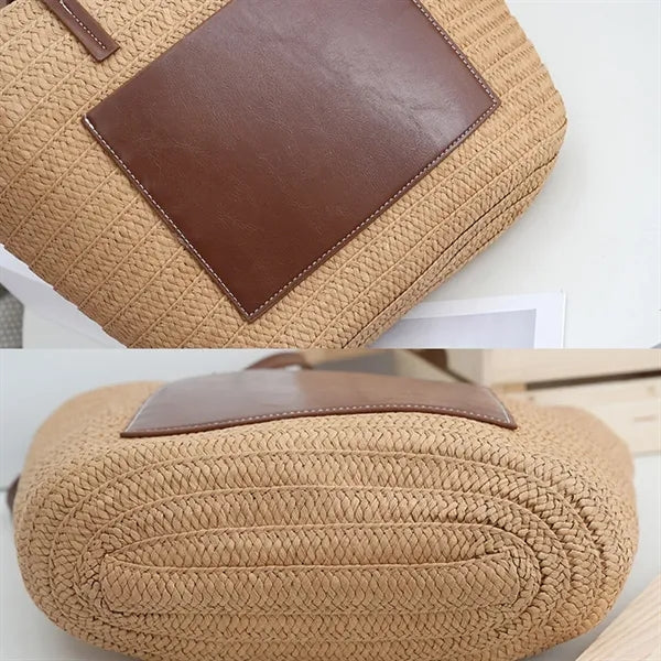 Spacious Debossed Natural Handwoven Straw Shoulder Tote Bag