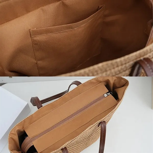 Spacious Debossed Natural Handwoven Straw Shoulder Tote Bag