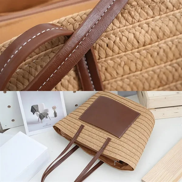 Spacious Debossed Natural Handwoven Straw Shoulder Tote Bag