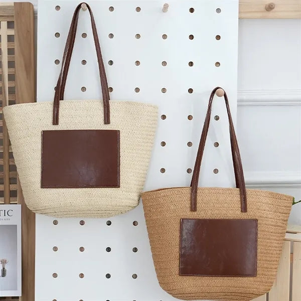Spacious Debossed Natural Handwoven Straw Shoulder Tote Bag