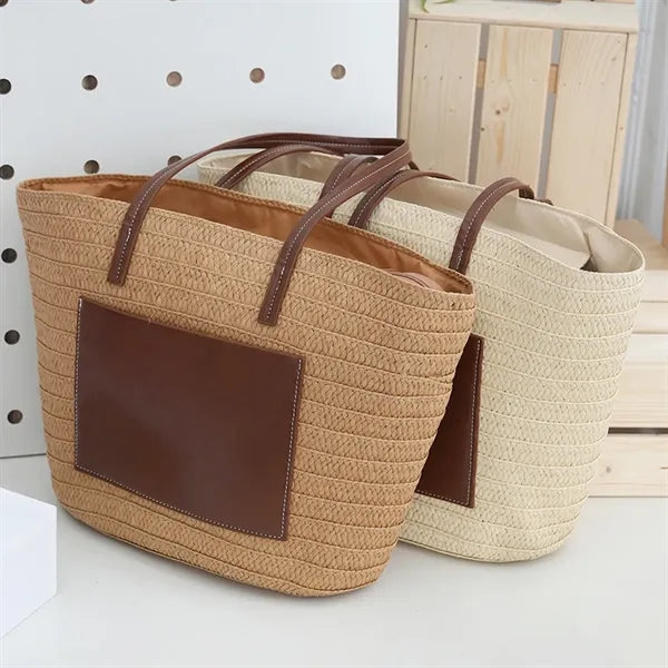 Spacious Debossed Natural Handwoven Straw Shoulder Tote Bag
