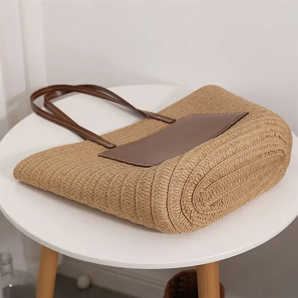 Spacious Debossed Natural Handwoven Straw Shoulder Tote Bag