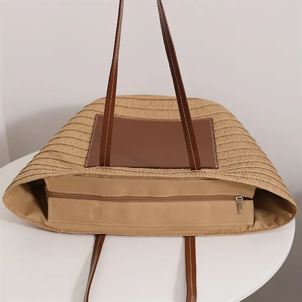 Spacious Debossed Natural Handwoven Straw Shoulder Tote Bag
