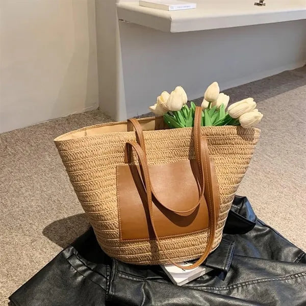 Spacious Debossed Natural Handwoven Straw Shoulder Tote Bag