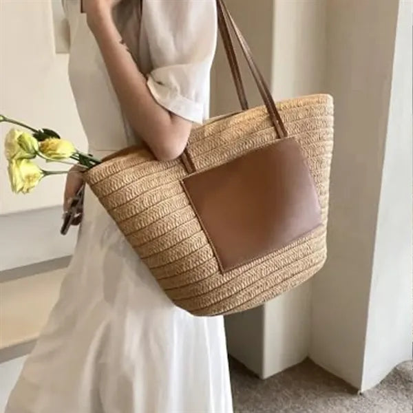 Spacious Debossed Natural Handwoven Straw Shoulder Tote Bag
