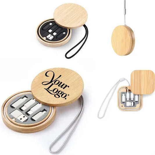 6 In 1 Usb Cables Set With Round Or Square Bamboo Box