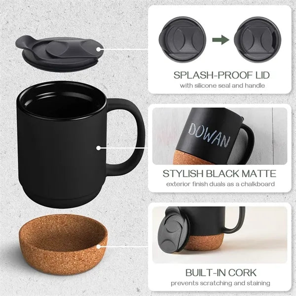 13 oz Ceramic Coffee Mug with Cork Bottom and Lid