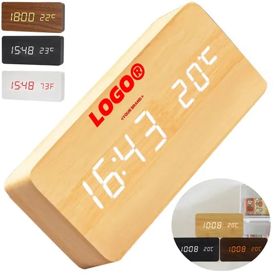 LED Wooden Digital Alarm Clock Multifunction Desk Display