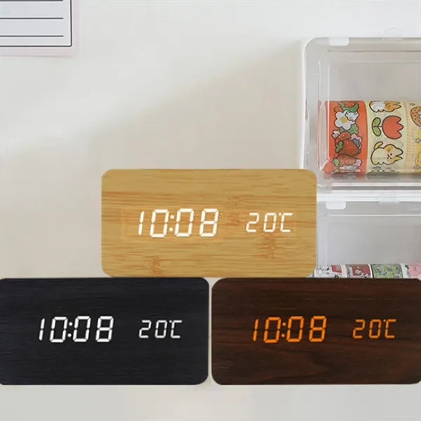 LED Wooden Digital Alarm Clock Multifunction Desk Display