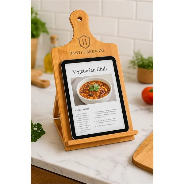 Engraved Bamboo Recipe Cookbook & Tablet Easel Stand