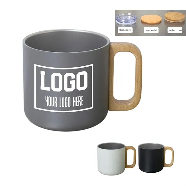 14oz Stainless Steel Double Layer Cup With Wooden Handle