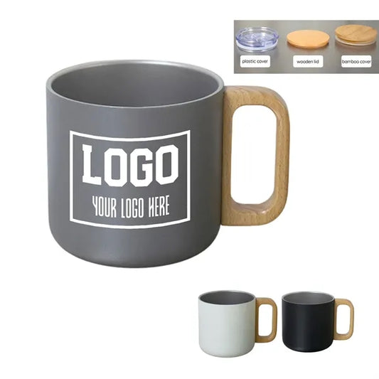 14oz Stainless Steel Double Layer Cup With Wooden Handle
