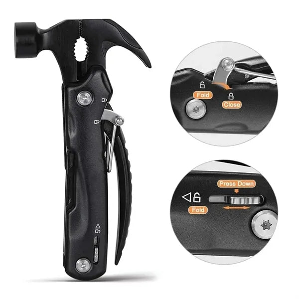 12 in 1 Multi-tool Claw Hammer w/ Pliers Safety Lock & Pouch
