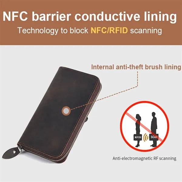 Genuine Leather RFID Blocking Zipper Around Long Wallet