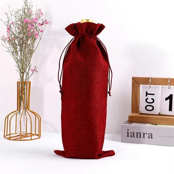 Bunched Mouth Linen Wine Bag