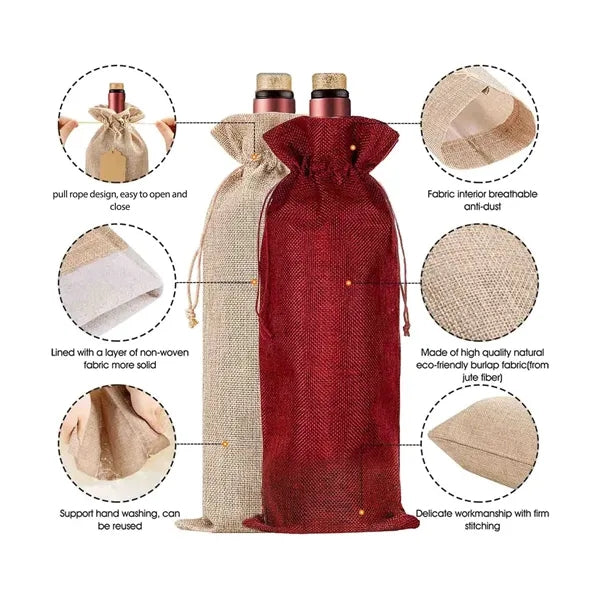 Bunched Mouth Linen Wine Bag