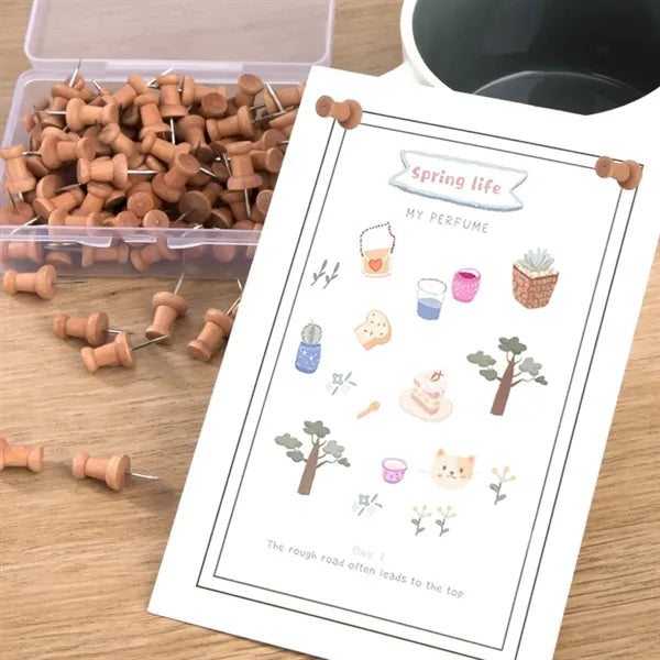100 Pcs Natural Wooden Push Pins for Bulletin Boards Display