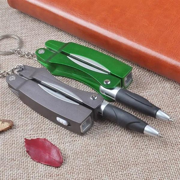 Compact Folding Tool Pen with Keychain Ring & LED Light