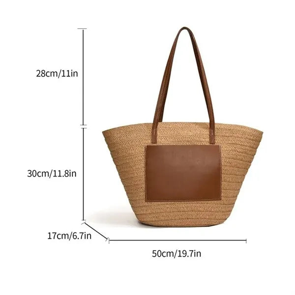 Spacious Debossed Natural Handwoven Straw Shoulder Tote Bag