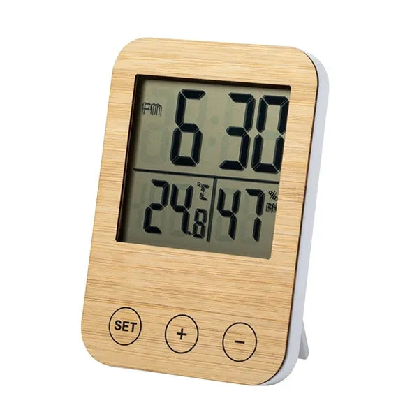 LED Bamboo Frame Clock with Temperature and Humidity Display