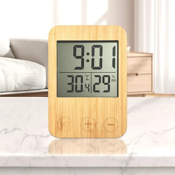 LED Bamboo Frame Clock with Temperature and Humidity Display