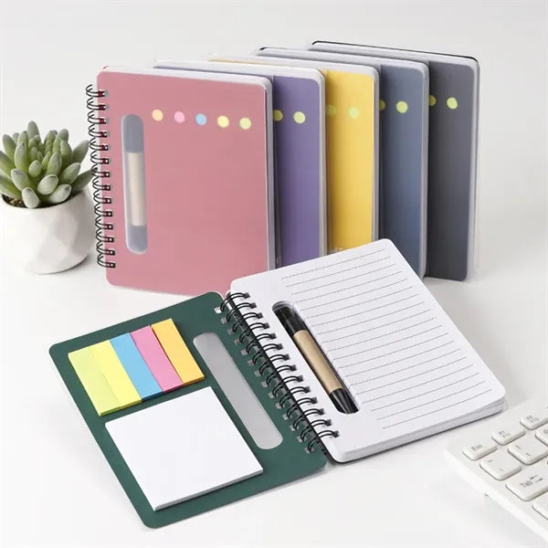 Spiral Book with Built-In Pen and Various Sticky Notepads