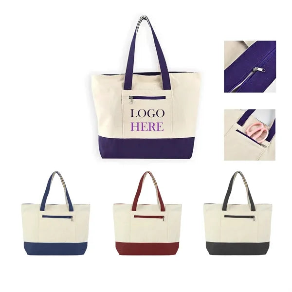Color Block Canvas Tote with Zipper Pocket