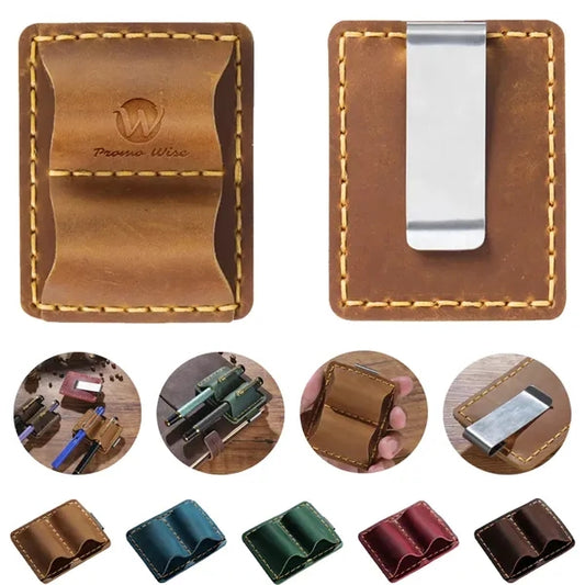 Leather Dual Loop Removable Metal Clip Premium Pen Holder