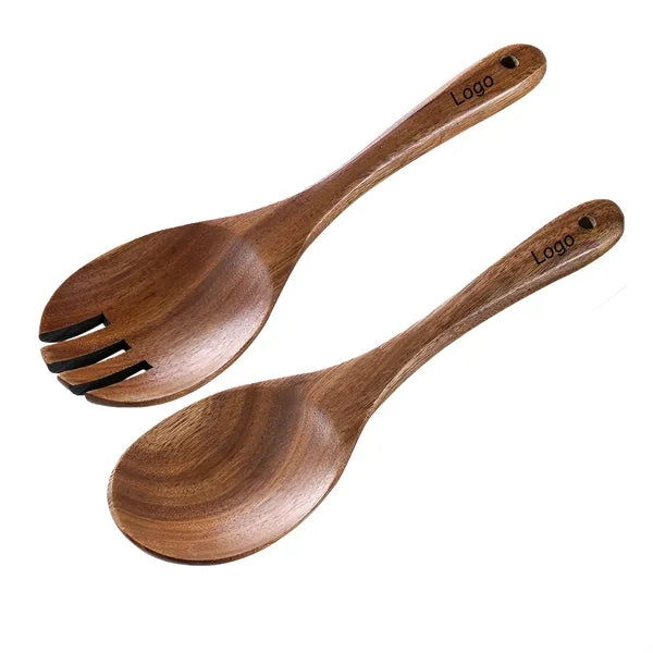 2-piece Natural Teak Wood Large Salad Serving Utensil Set