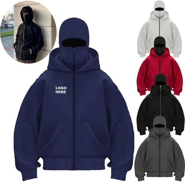 Streetwear Double Hooded Zip Jacket Balaclava Hoodie