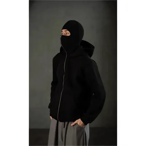 Streetwear Double Hooded Zip Jacket Balaclava Hoodie
