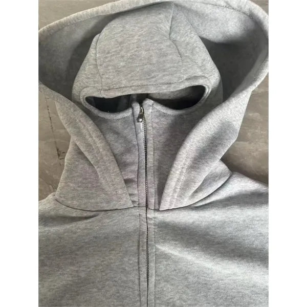 Streetwear Double Hooded Zip Jacket Balaclava Hoodie