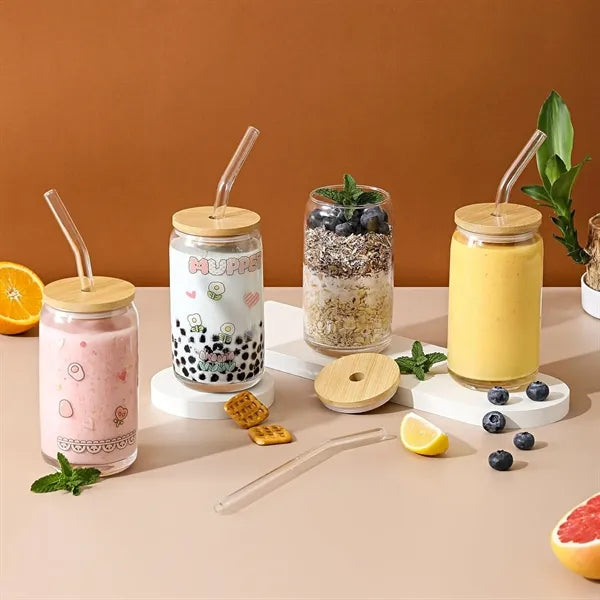 16oz Bamboo Lid Glass Straw Can Cold Drink Tumbler Cup