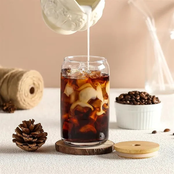 16oz Bamboo Lid Glass Straw Can Cold Drink Tumbler Cup