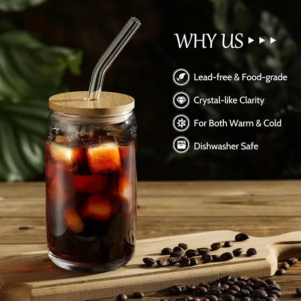 16oz Bamboo Lid Glass Straw Can Cold Drink Tumbler Cup
