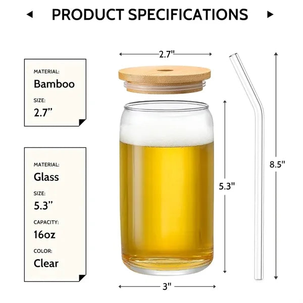 16oz Bamboo Lid Glass Straw Can Cold Drink Tumbler Cup