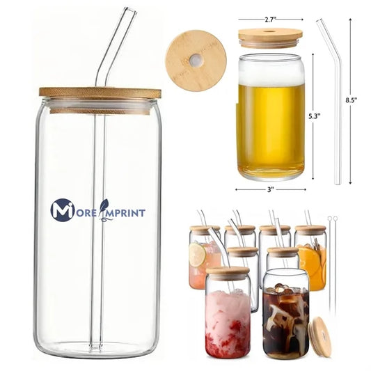 16oz Bamboo Lid Glass Straw Can Cold Drink Tumbler Cup