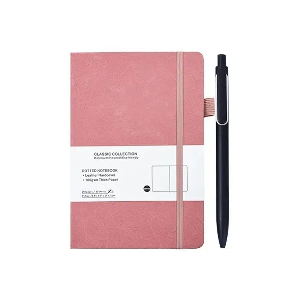 A5 Leather Dotted Notebook Set - Metal Pen Included