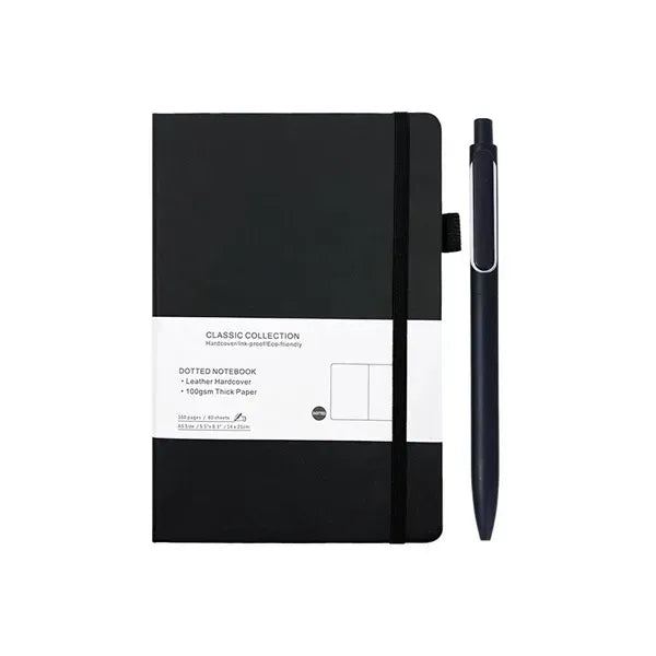 A5 Leather Dotted Notebook Set - Metal Pen Included