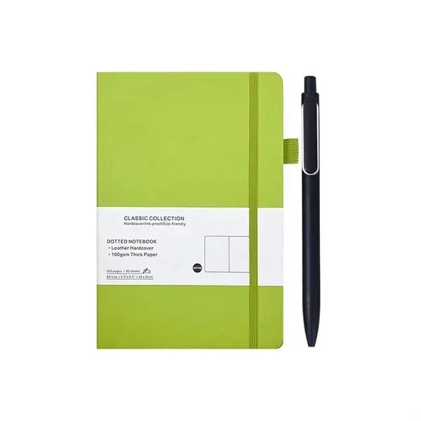A5 Leather Dotted Notebook Set - Metal Pen Included