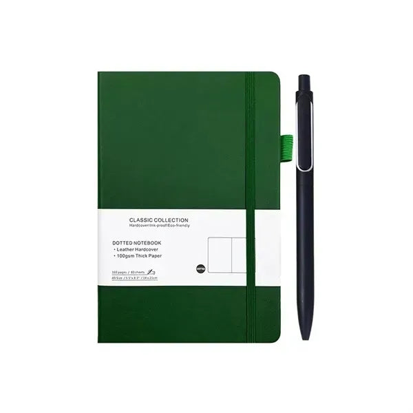 A5 Leather Dotted Notebook Set - Metal Pen Included