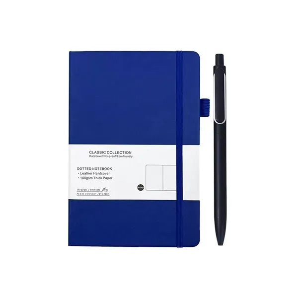 A5 Leather Dotted Notebook Set - Metal Pen Included
