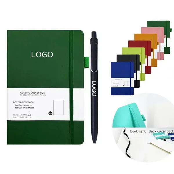 A5 Leather Dotted Notebook Set - Metal Pen Included