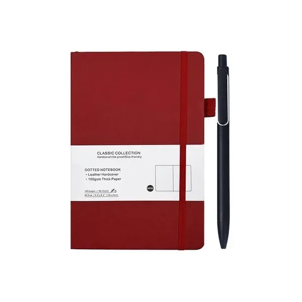 A5 Leather Dotted Notebook Set - Metal Pen Included
