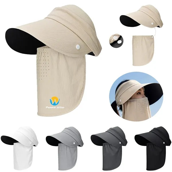 Wide Brim Sun Hat with Removable Face Cover Windproof Rope