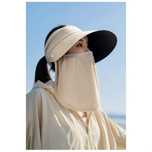 Wide Brim Sun Hat with Removable Face Cover Windproof Rope