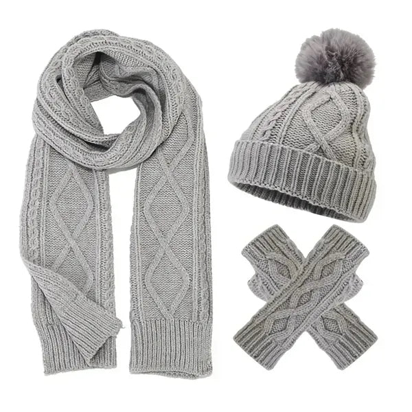3Pcs Knit Set Hat Neck Warmer Scarf Touch Screen Gloves